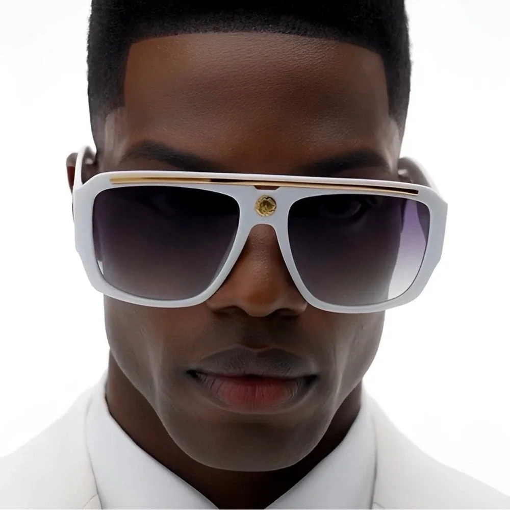 Mens White Gold Oversized Square Sunglasses Flat Top Gangster Hip Hop Shades New